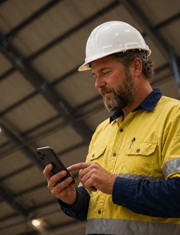 Worker in a white hard hat and a high-visibility shirt using a phone inside an industrial building