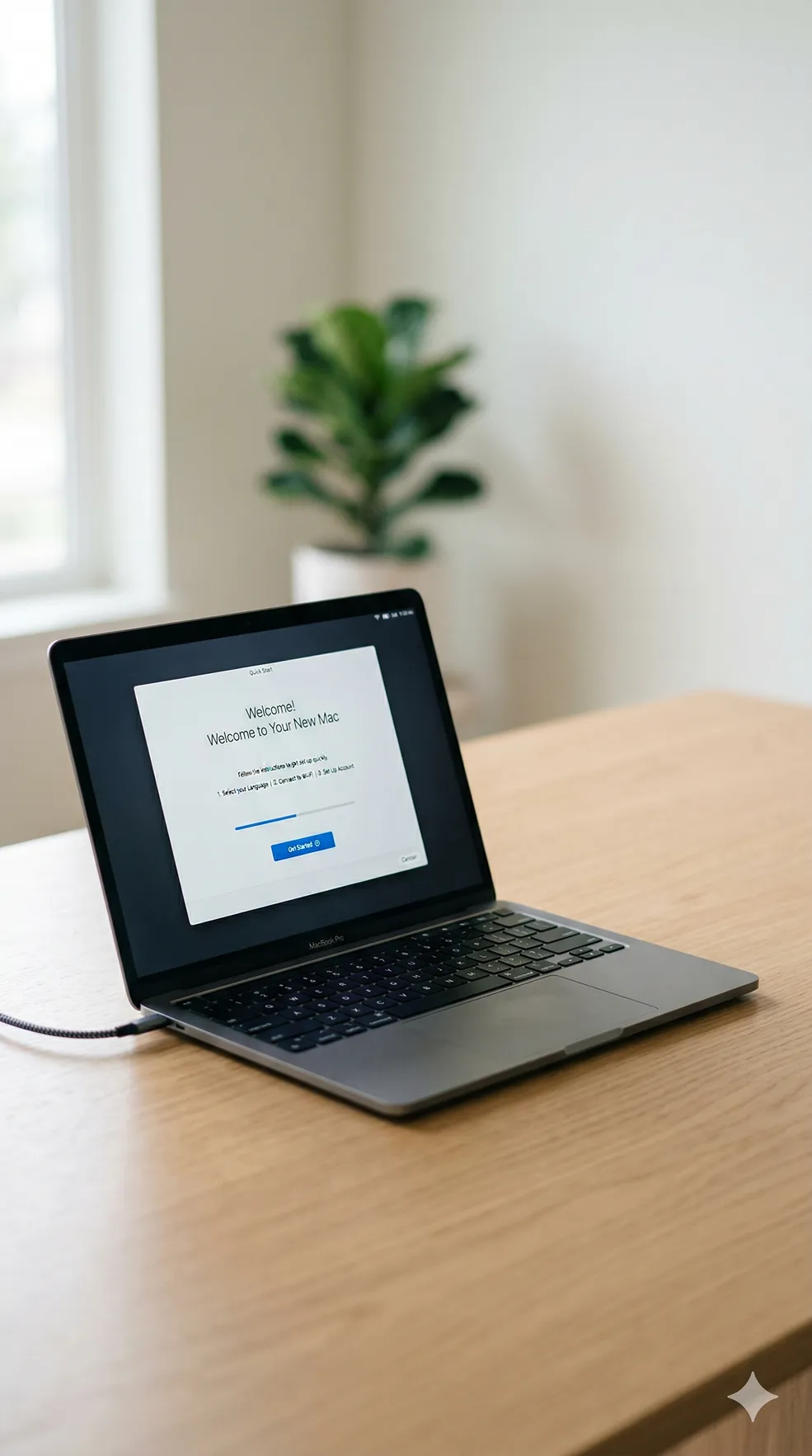MacBook Pro laptop on a wooden table with setup screen displaying 'Welcome to Your New Mac'.