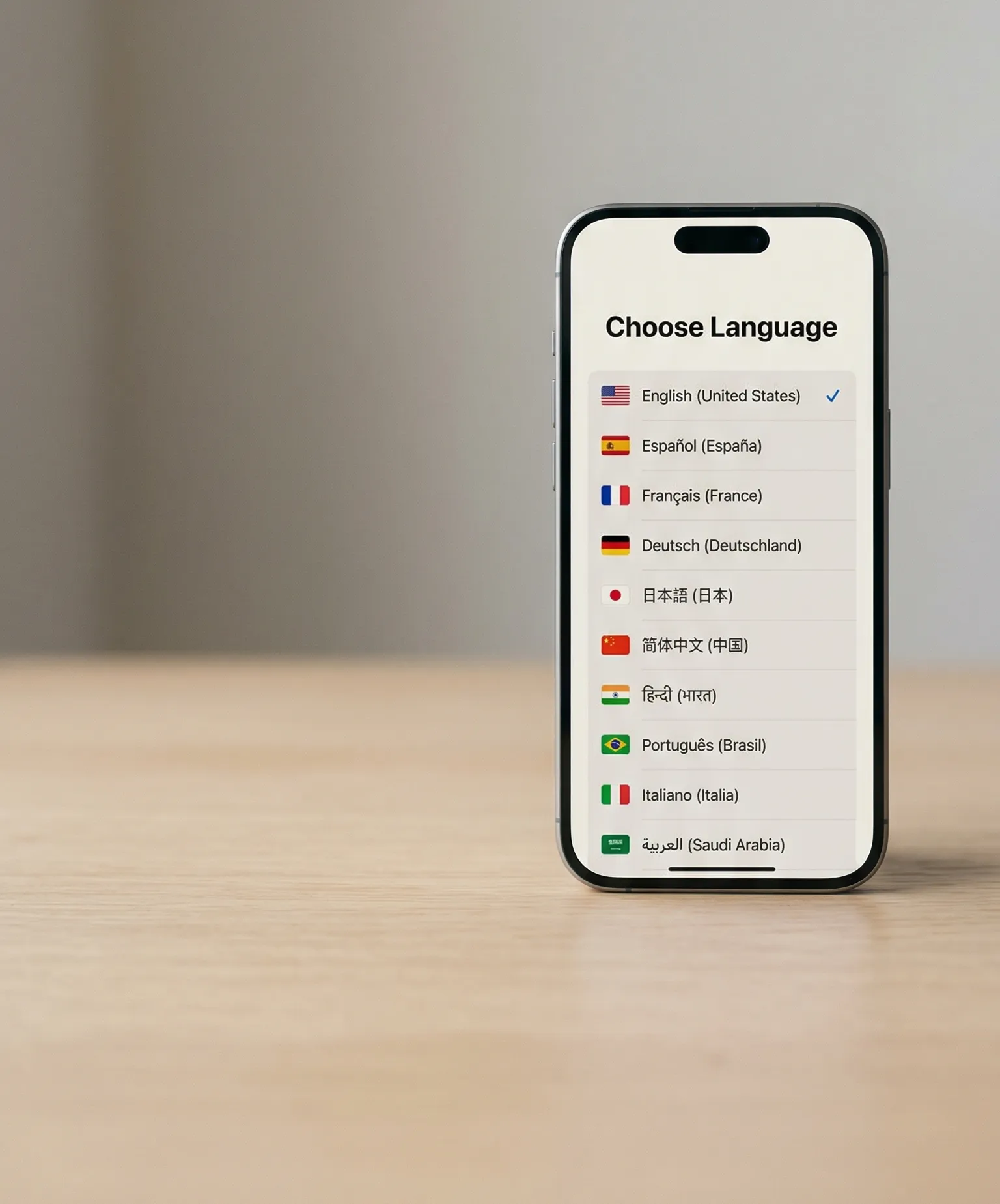 Smartphone displaying a language selection menu with English, Spanish, French, German, Japanese, Chinese, Hindi, Portuguese, Italian, and Arabic options.
