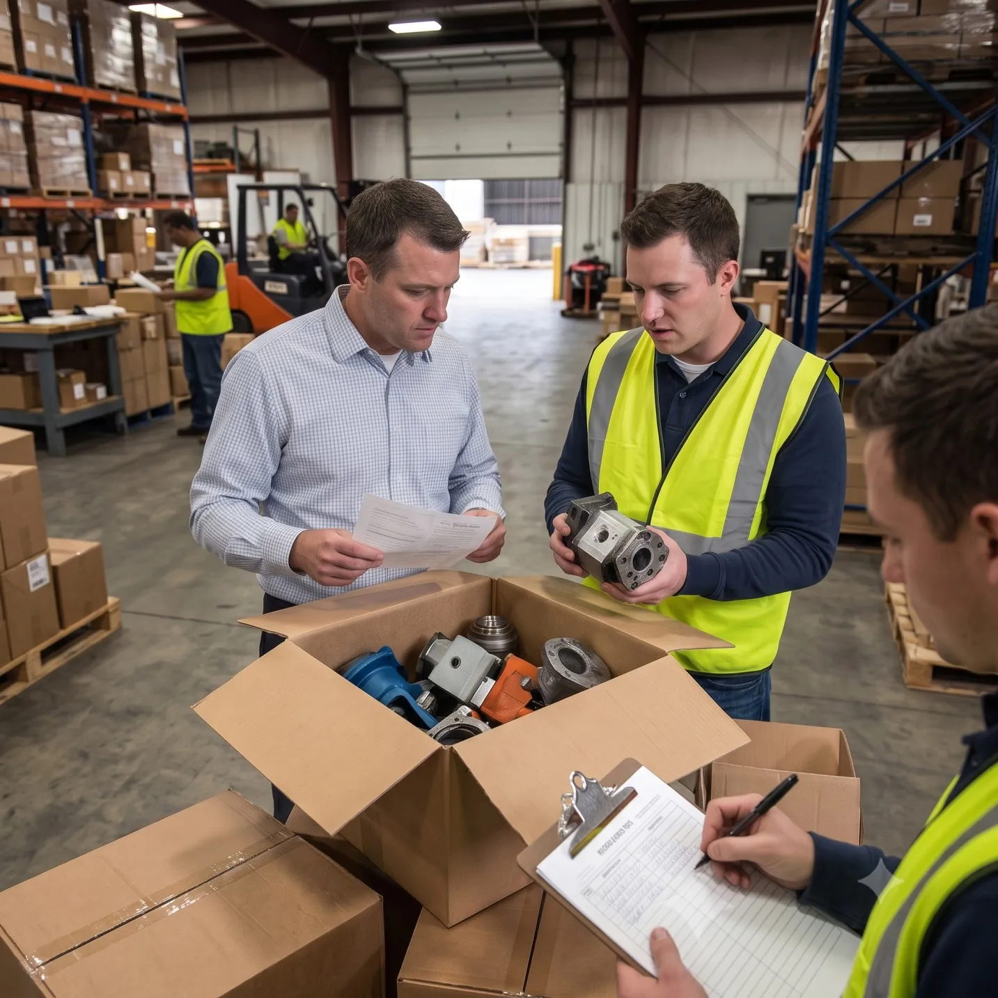 Warehouse staff checking delivered parts against a purchase order