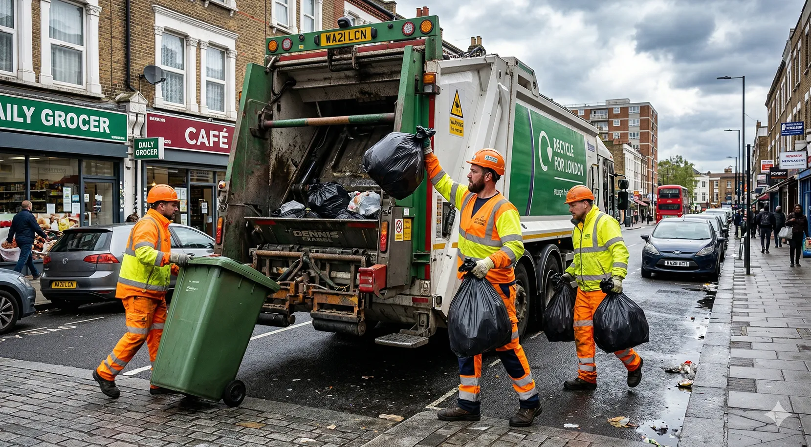Three sanitation workers in high-visibility orange and yellow uniforms loading black garbage bags into a green and white recycle truck on a city street.