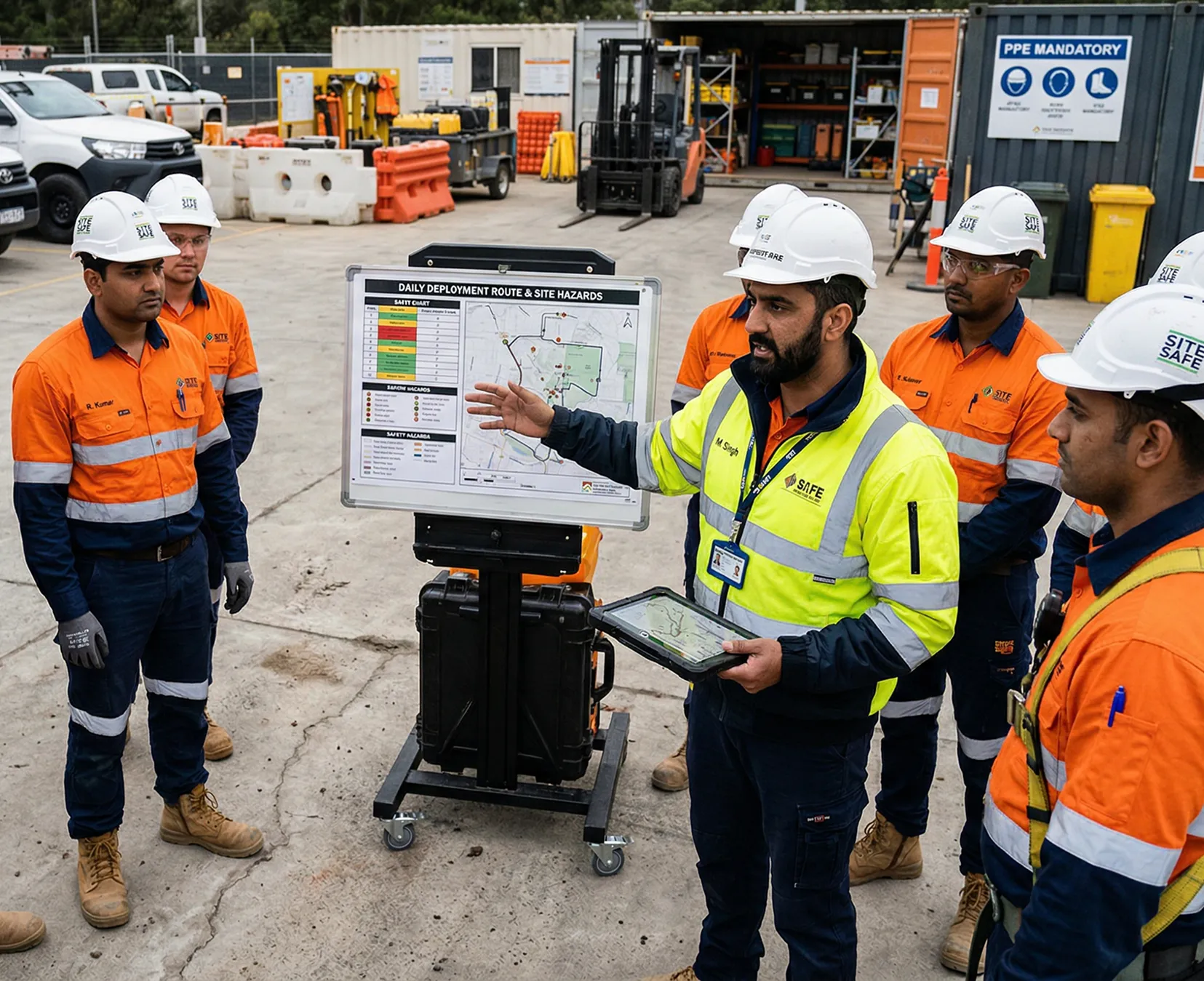 Group of construction workers wearing safety helmets and high-visibility clothing listening to a safety briefing at a construction site with a daily deployment route and hazards chart.