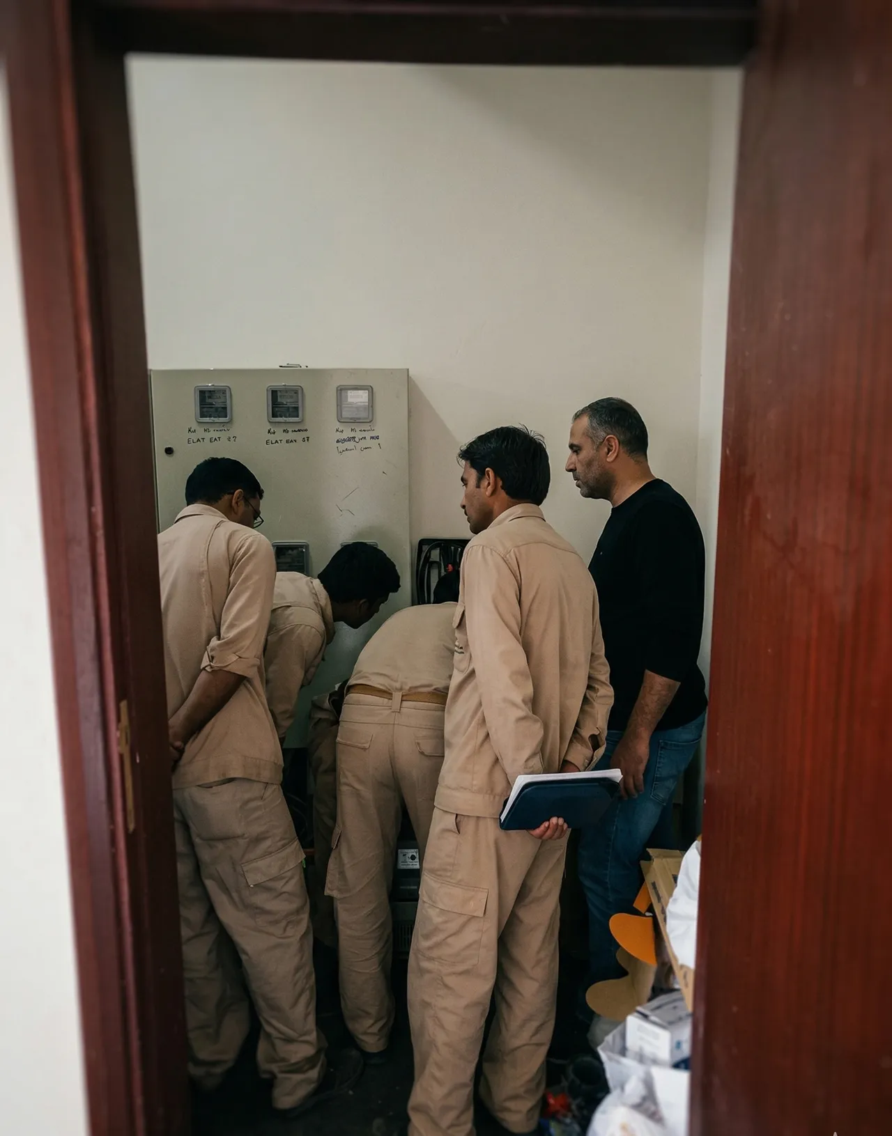 Contractors working on an electrical meter panel